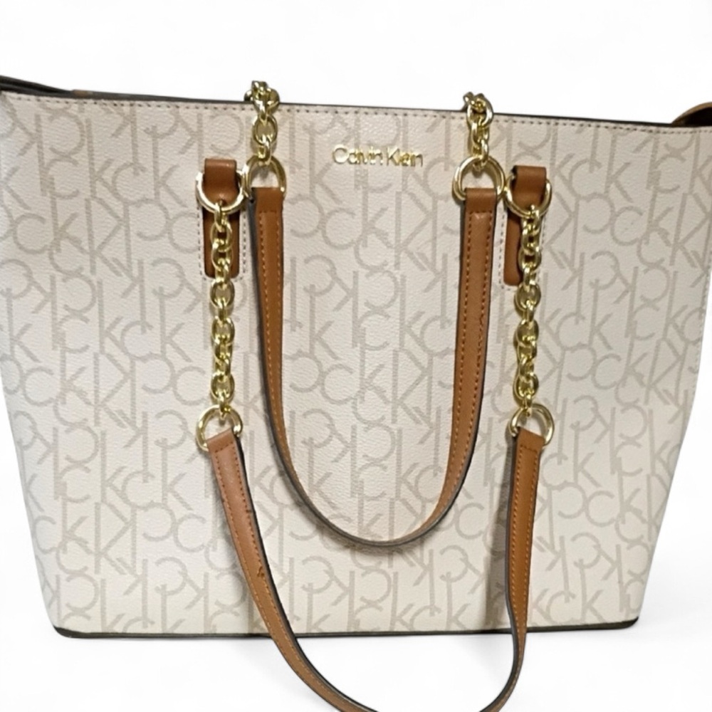 Calvin Klein White and Brown Tote Bag